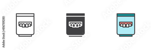 Dentures in glass of water different style icon set