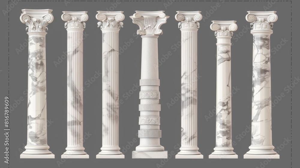 The ancient greek style architecture design elements, colonnades surrounding classic palace buildings are illustrated in 3D on a transparent background.