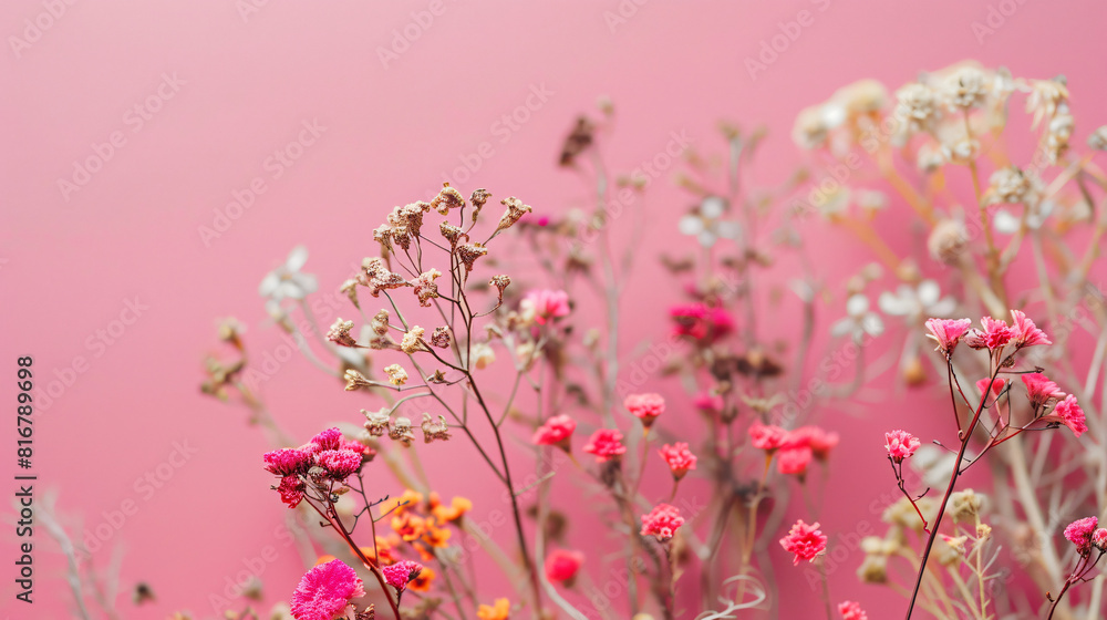 Dried flowers on pink background closeup