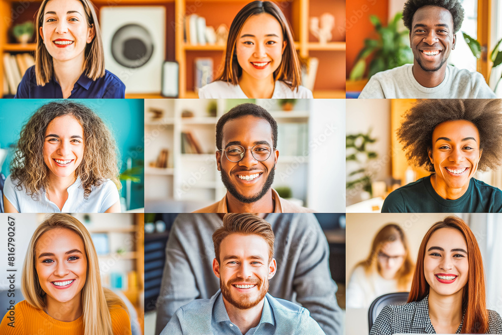 Fototapeta premium A diverse group of colleagues smile and engage in a video conference call. Modern laptops and home office backgrounds set the scene for a positive virtual team meeting.