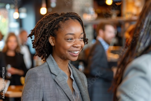 African American female candidate in business suit smiling for camera at networking event