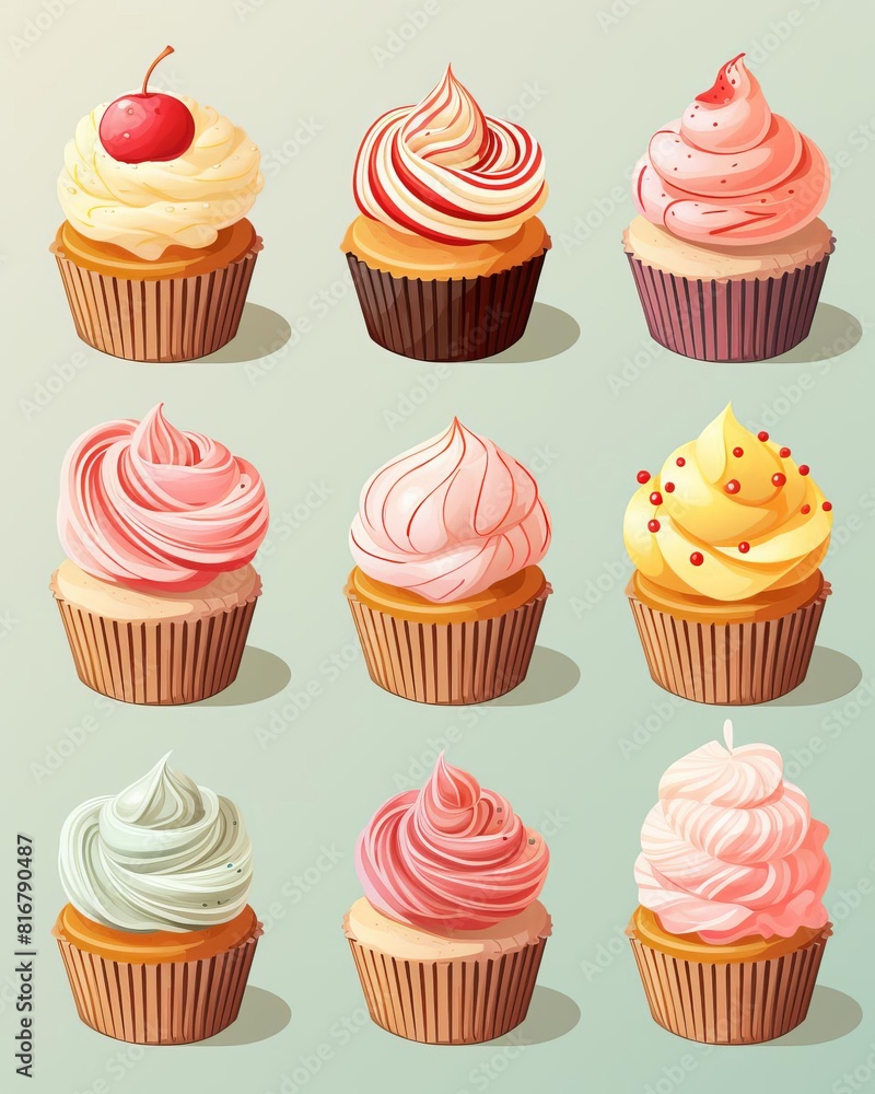 A variety of delicious cupcakes with different toppings. A variety of delicious cupcakes with different toppings.