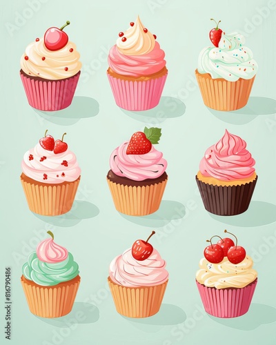 A variety of delicious cupcakes with different toppings  including chocolate  vanilla  and strawberry.