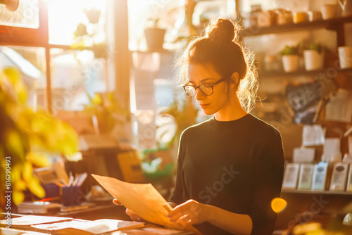 A focused Caucasian business owner, in her 30s, managing operations in her retail store at sunrise. photo