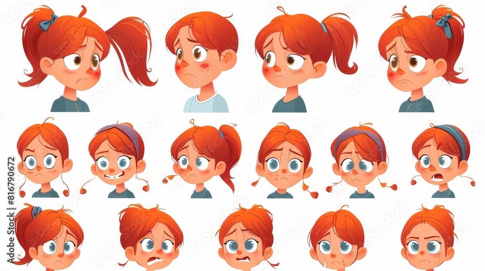 The school avatar of a female red hairstyle is unhappy, confused, mad and smiling. A set of teen student assets, which includes a happy and angry girl kid character head animation. The school avatar of a female red hairstyle is unhappy, confused, mad and smiling. A set of teen student assets, which includes a happy and angry girl kid character head animation.
