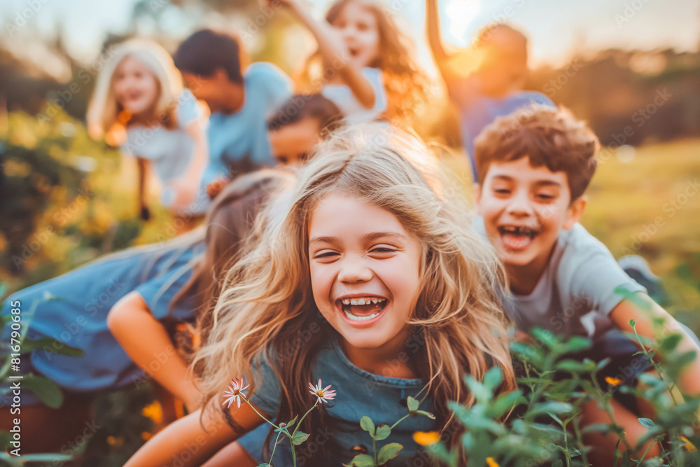A group of children (diverse) play together in a park at sunset, their laughter echoing through the air. A group of children (diverse) play together in a park at sunset, their laughter echoing through the air.