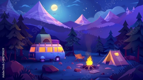 The cartoon scene shows an outdoor vacation scene with a caravan surrounded by trees in a forest near the mountains at dusk, a camper van on top, tents, lounges chairs and bonfire under the