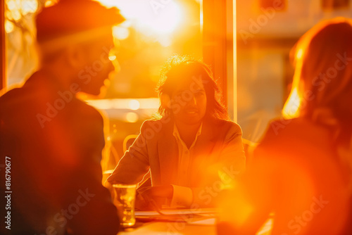 A group of colleagues (South Asian man giving a presentation, Caucasian woman taking notes) gather around a table bathed in sunset light during a meeting.