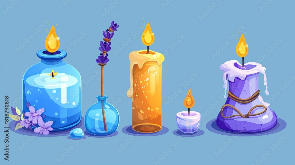 The aromatherapy wax candles are isolated on a blue background. A modern cartoon illustration of spa or home interior elements for relaxation, such as a glass jar filled with lavender oil, or items The aromatherapy wax candles are isolated on a blue background. A modern cartoon illustration of spa or home interior elements for relaxation, such as a glass jar filled with lavender oil, or items