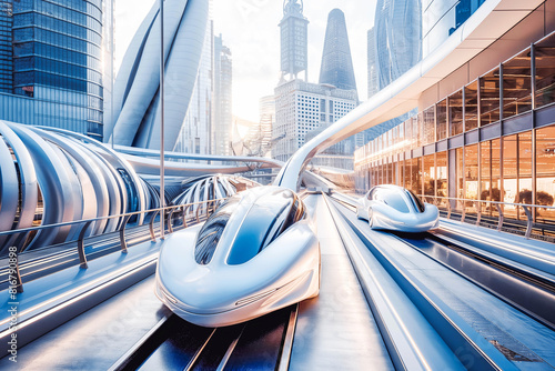 A high-tech transportation hub with electric vehicles and futuristic architecture: A futuristic, sustainable transportation center with sleek electric cars, hyperloops, and innovative public transit. photo