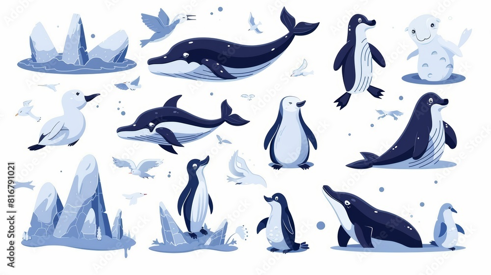 An arctic animals set isolated on white background. Illustrations of whales, penguins, navy seals and white foxes living on land and in water, elements of north pole wildlife design. An arctic animals set isolated on white background. Illustrations of whales, penguins, navy seals and white foxes living on land and in water, elements of north pole wildlife design.