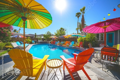 A vibrant backyard scene on a sunny day featuring a sparkling pool surrounded by chairs and umbrellas