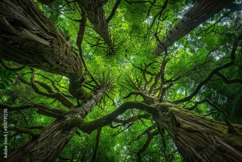 A very tall tree stands prominently in the middle of a lush forest filled with dense greenery