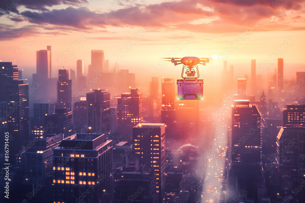 A modern drone flies high above a bustling city at sunset, delivering a package to a rooftop. A modern drone flies high above a bustling city at sunset, delivering a package to a rooftop.