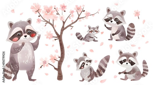 Charming Woodland Creatures Frolicking Amidst Blooming Cherry Blossoms in Whimsical Nature Scene