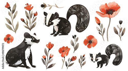 Charming Woodland Creatures and Floral in Sketch Style