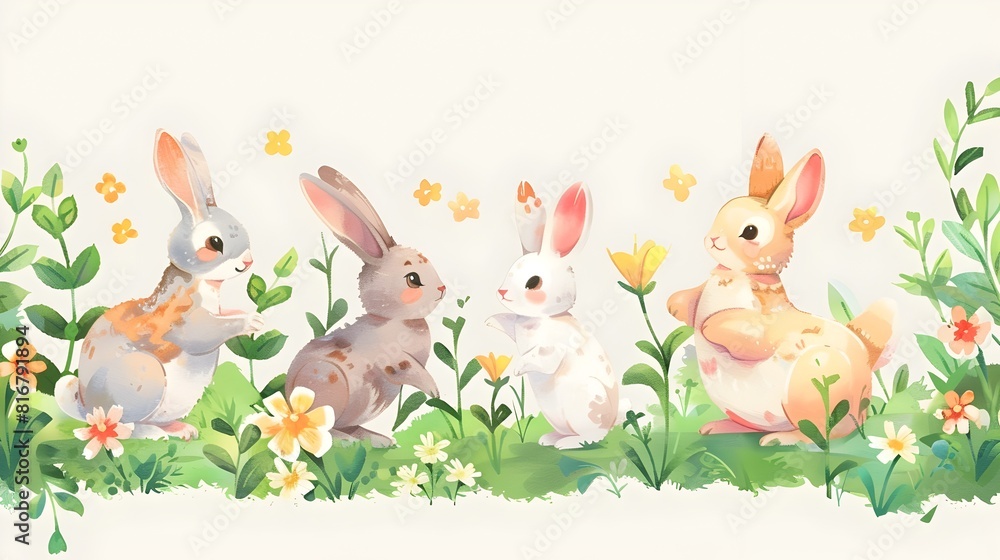 Charming Bunnies Frolicking in a Vibrant Spring Meadow with Blooming Flowers and Lush Foliage Charming Bunnies Frolicking in a Vibrant Spring Meadow with Blooming Flowers and Lush Foliage