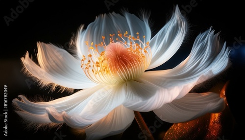 Close-up flor blanca con grandes pistilos black background 