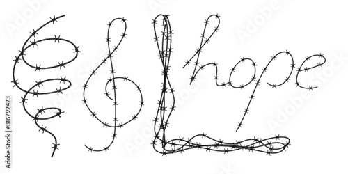 Twisted barbed wire silhouettes set in rounded and square shapes. Vector illustration of steel black wire barb fence frames. Concept of protection, danger or security