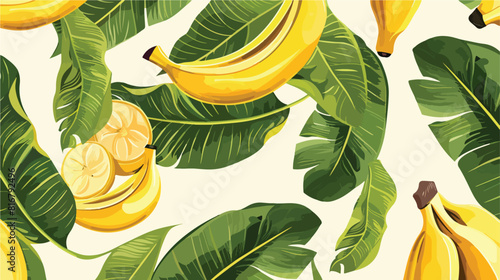 Seamless pattern with fresh bananas and green leaves