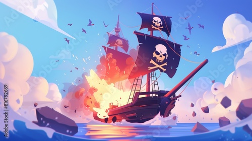 Modern cartoon illustration of sailboat burning, vintage corsair vessel with jolly roger skull on black flag, clouds in summer sky, stone above sea, after pirate ship attack. photo