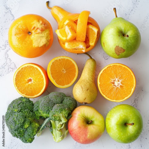 Colorful nutrition  An assortment of apples  pears  oranges  and broccoli on a white background  showcasing vibrant freshness and healthy eating options