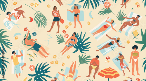 Seamless pattern with people relaxing on sand beach a photo