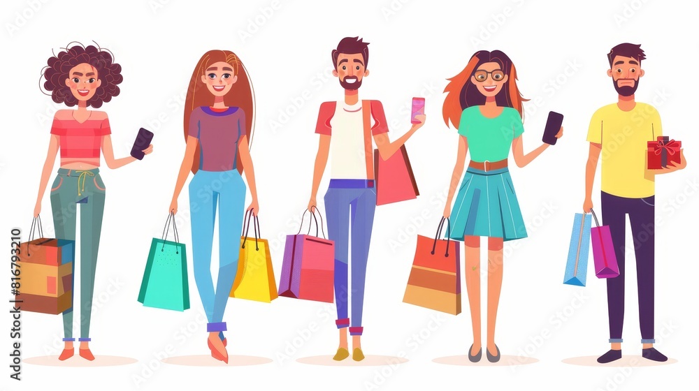 Friend with shopping bag. Woman with shopping bag. Lady with discount in a store. Guy with goods. Female holding phone and present in market. Friend with shopping bag. Woman with shopping bag. Lady with discount in a store. Guy with goods. Female holding phone and present in market.