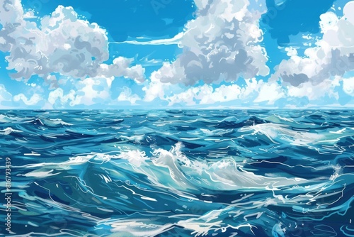 A peaceful painting of a large body of water. Suitable for nature-themed designs