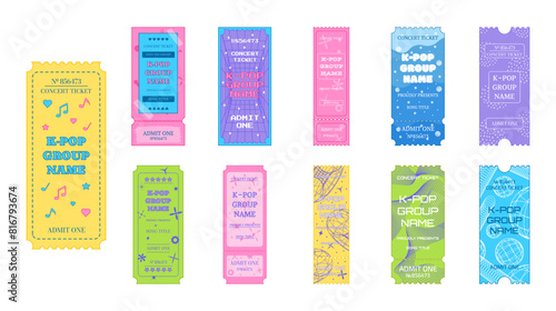 Set of tickets for a music concert of a K-pop group. Vector illustration isolated on white background