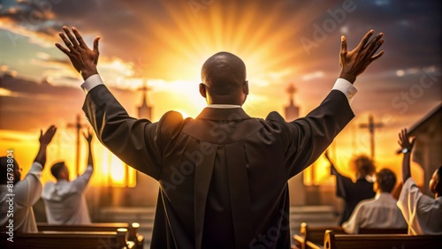 silhouette of a priest with a raised hands in worship at sunset