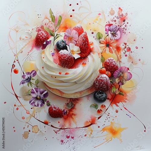 Haute cuisine dessert, viewed from the top, featuring delicate sugar art and floral motifs, in an elegant watercolor wash.