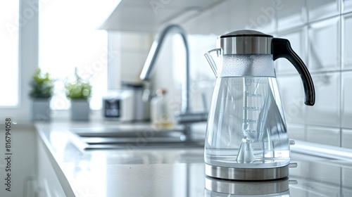 Modern Kitchen Interior with Glass Carafe in Focus. Simplistic and Clean Design Style. Ideal for Home Decor Themes and Lifestyle Magazines. AI