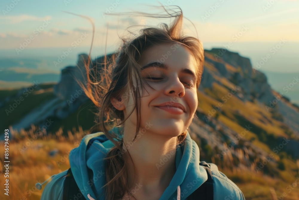 A woman with her hair blowing in the wind. Suitable for beauty and haircare concepts