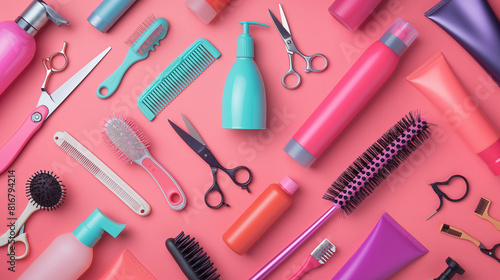 a flat lay of hair care products and styling tools in various shades of pink and brown on a pink background.