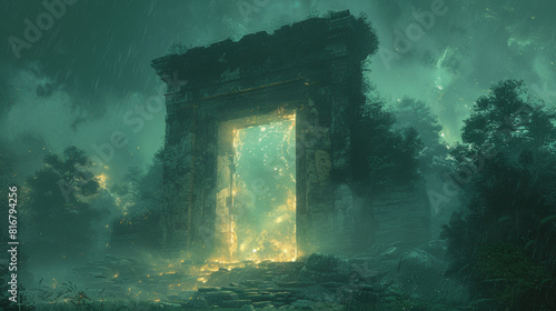Title: Enchanted Gateway: Ancient Greek Doorframe Portal Amidst Nighttime Ruins