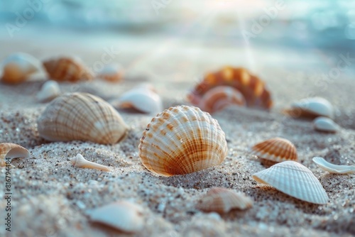 A collection of seashells scattered on a sandy beach. Ideal for travel or nature concepts © Ева Поликарпова