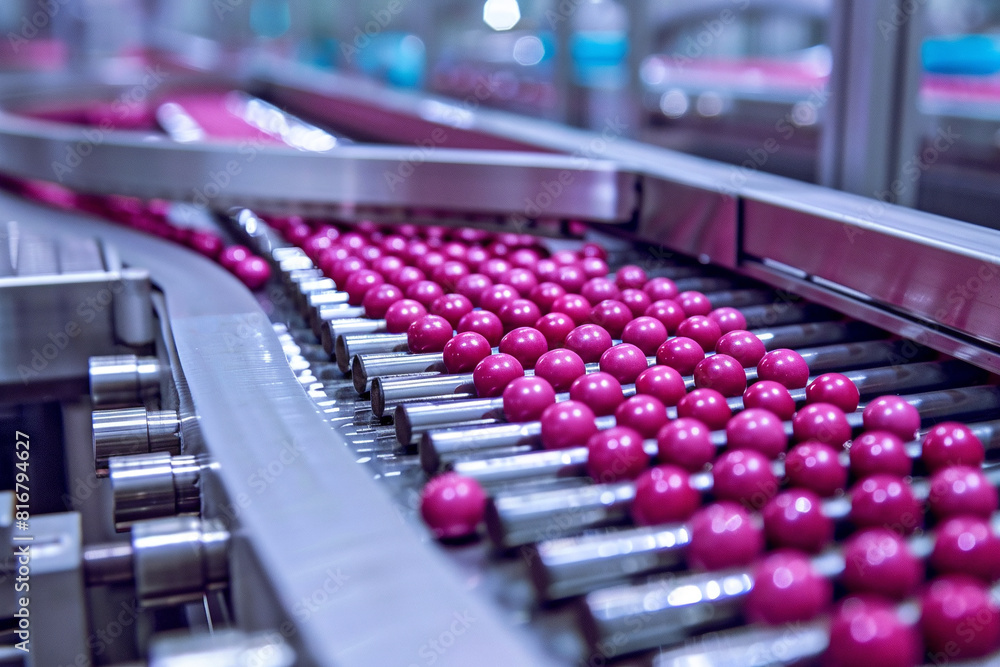 Moving conveyor belt with tablets. Medical product production concept Moving conveyor belt with tablets. Medical product production concept