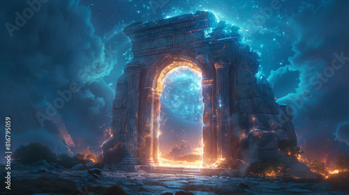 Title  Enchanted Gateway  Ancient Greek Doorframe Portal Amidst Nighttime Ruins