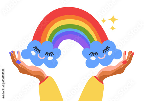 LGBTQ banner with symbols celebrating Pride Month. Hands holding rainbow with clouds. Rainbow elements. Gay pride parade. Vector illustration.