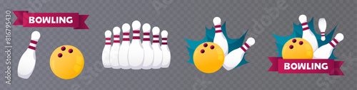 Set of bowling elements in a cartoon style. Skittles and balls in various positions on a transparent background. Vector illustration.