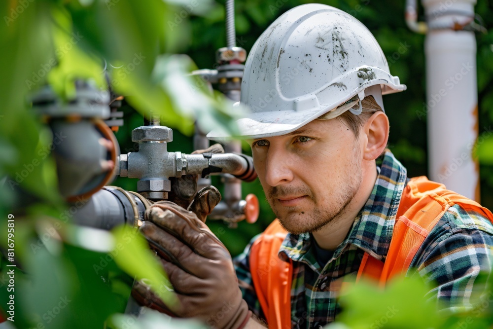 Fototapeta premium Outdoor plumbers perform work