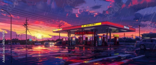 A Gas Station In The City  Sunset Sky In The Style Of Anime  Colorful Clouds  Rain On The Ground  Car Parked Outside  Vibrant Colors  Detailed Illustration 