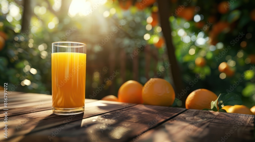 A glass of delicious orange juice on the table wood with an orange orchard in the background A glass of delicious orange juice on the table wood with an orange orchard in the background