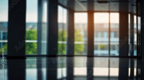 blurred background of a light modern office interior with panoramic windows and beautiful lighting.