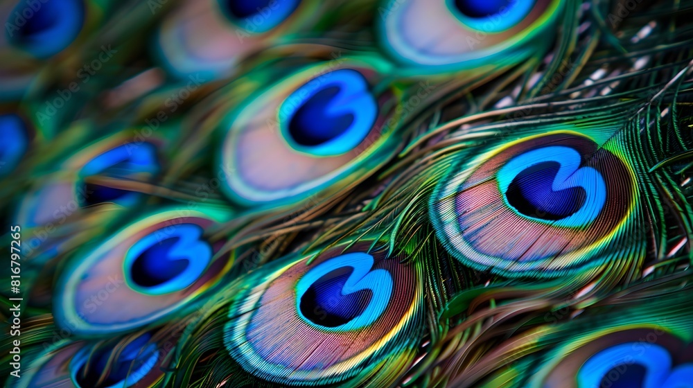 Obraz premium Vibrant Peacock Feathers in Close-up Detail. Exotic and Colorful Pattern. Perfect for Backgrounds and Textures. High-Quality Nature Photography. AI