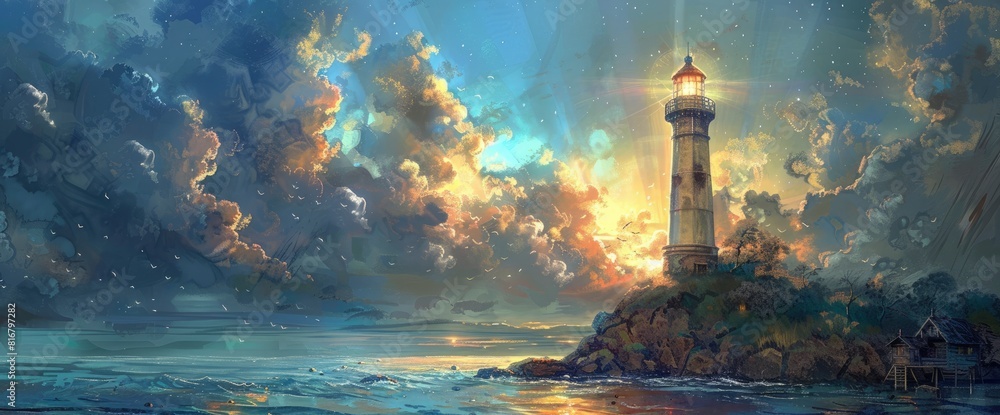A Majestic Lighthouse Standing Tall On An Island, Its Light Illuminating The Night Sky With Rays Of Hope And Direction For Ships At Sea