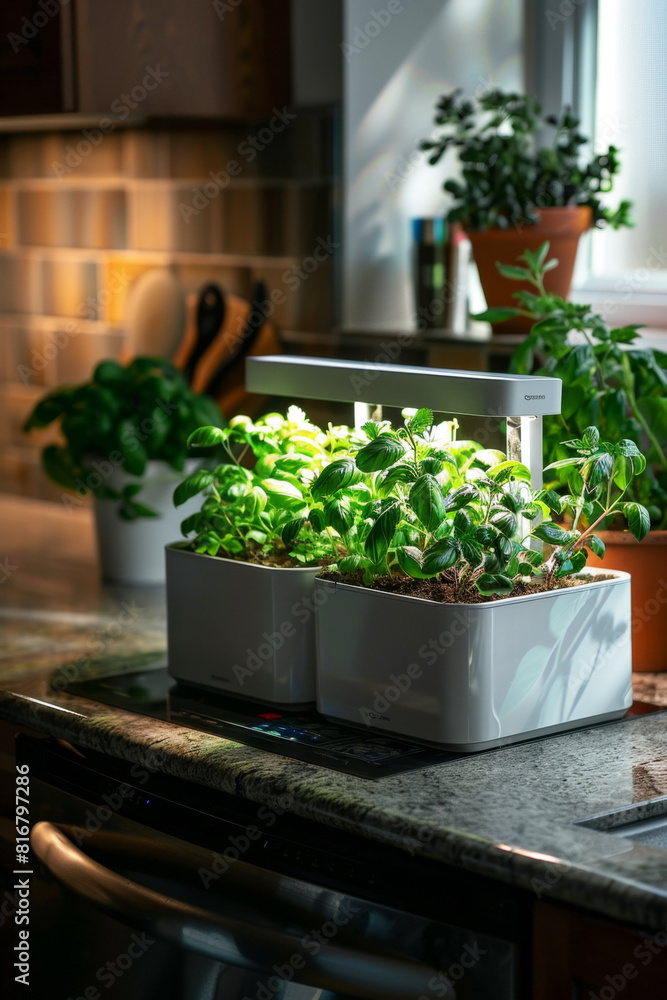 LED grow lights nurture basil, mint, and parsley in water-based solution on countertop herb garden. LED grow lights nurture basil, mint, and parsley in water-based solution on countertop herb garden.