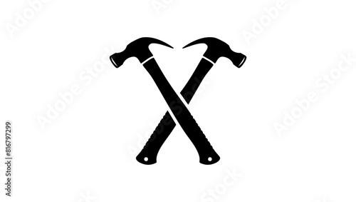 Two crossed hammers emblem, black isolated silhouette