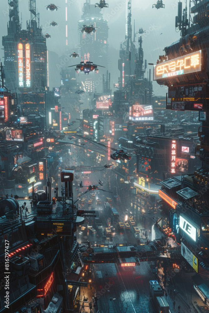 custom made wallpaper toronto digitalA futuristic city skyline with flying vehicles and electronic billboards.